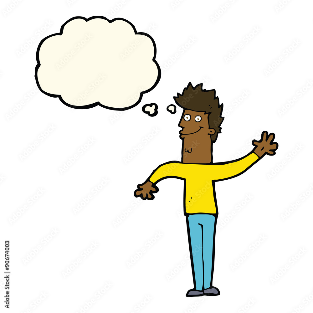 cartoon happy waving man with thought bubble cartoon happy waving man with thought bubble