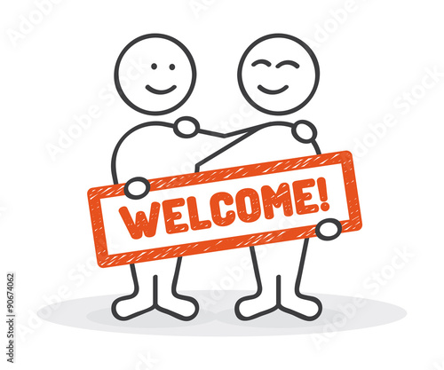 Strichmännchen mit Schild Willkommen