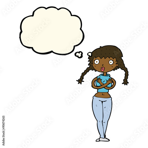 cartoon offended woman covering herself with thought bubble