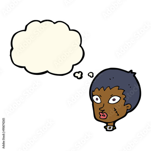 cartoon female zombie head with thought bubble