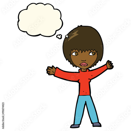 cartoon waving woman with thought bubble