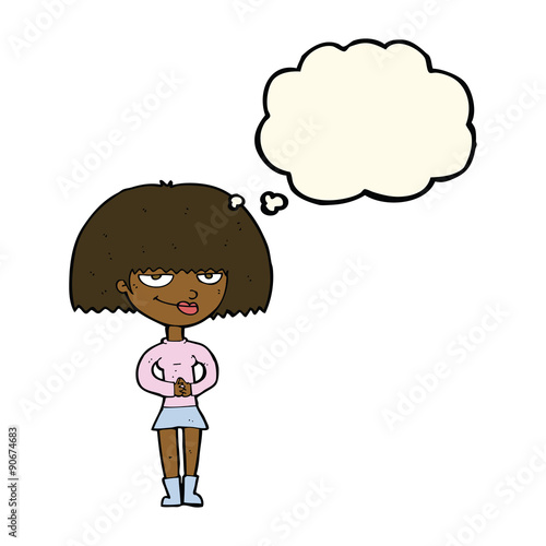 cartoon sly woman with thought bubble