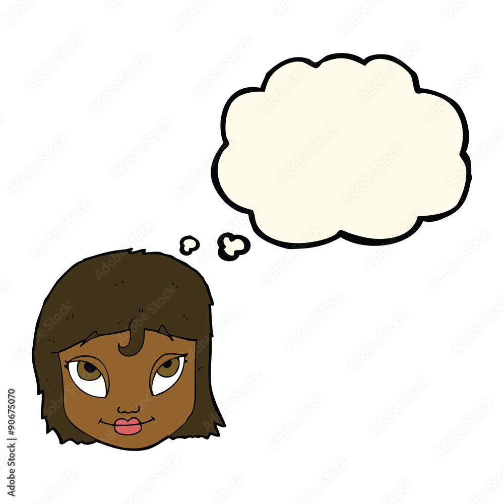 cartoon woman smiling with thought bubble cartoon woman smiling with thought bubble