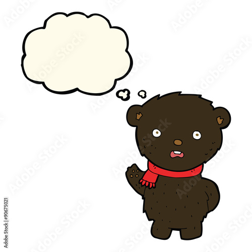 cartoon black bear wearing scarf with thought bubble