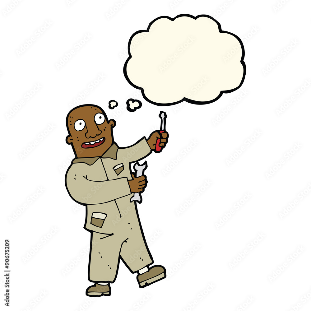 cartoon mechanic with thought bubble cartoon mechanic with thought bubble