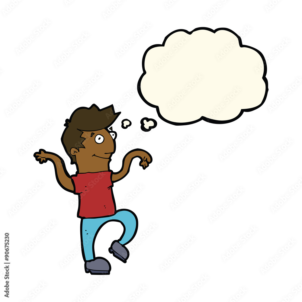 cartoon happy man doing funny dance with thought bubble cartoon happy man doing funny dance with thought bubble