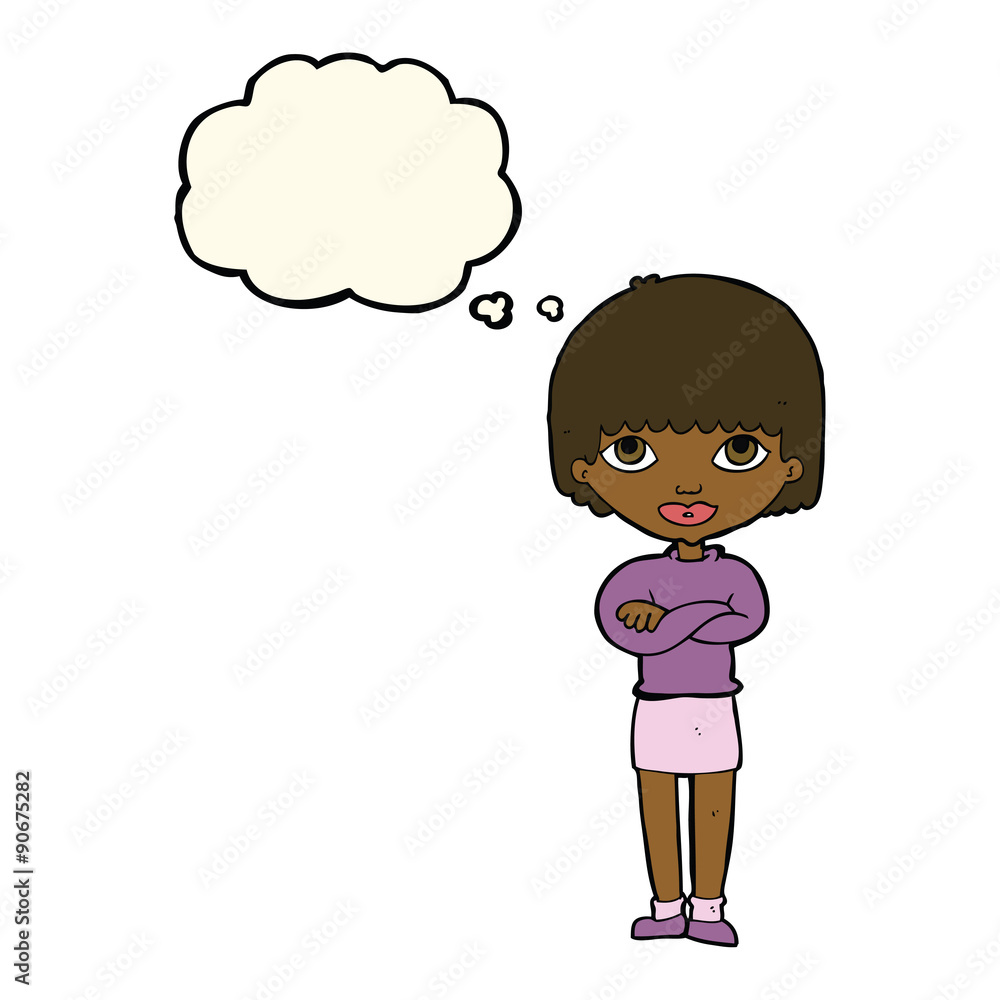 cartoon woman with folded arms with thought bubble cartoon woman with folded arms with thought bubble