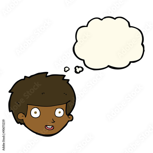 cartoon happy boy's face with thought bubble