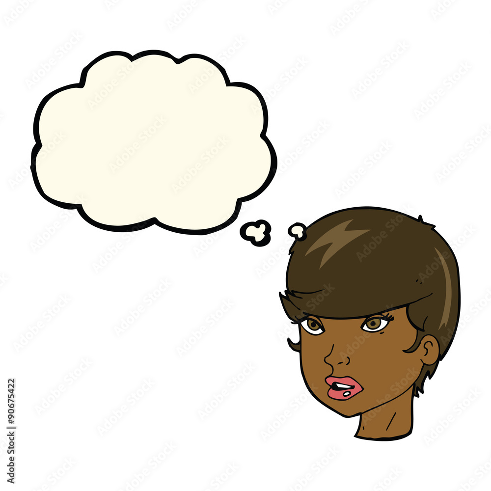 cartoon pretty female face with thought bubble