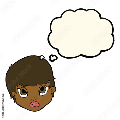 cartoon sulking woman with thought bubble