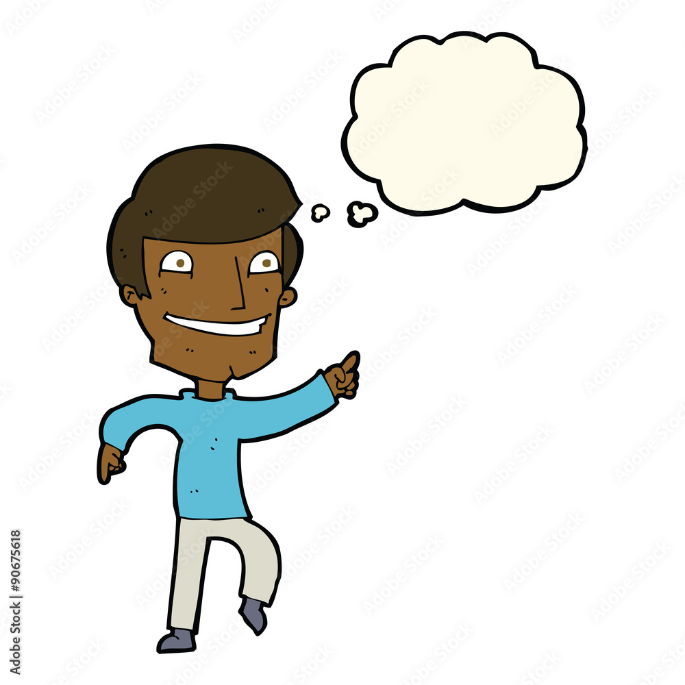 cartoon happy man pointing with thought bubble cartoon happy man pointing with thought bubble