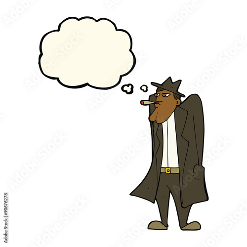 cartoon man in hat and trench coat with thought bubble