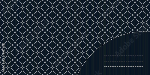 Simple sashiko motif with copy space for text. Stitching backdrop. Japanese needlework card. Text frame. Antique fancywork. Monochrome. Old Sashiko motif - seven treasures (Shippo-Tsunagi).