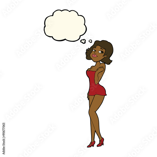 cartoon attractive woman in short dress with thought bubble