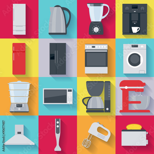 Kitchen home appliances icons set. Flat style. photo