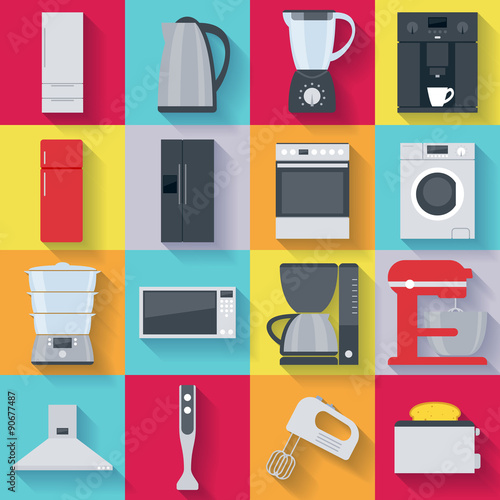 Kitchen home appliances icons set. Flat style.