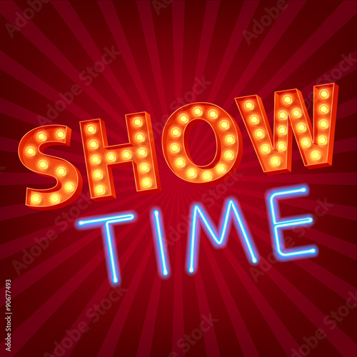 Show time neon and bulb letters advertisment vector illustration