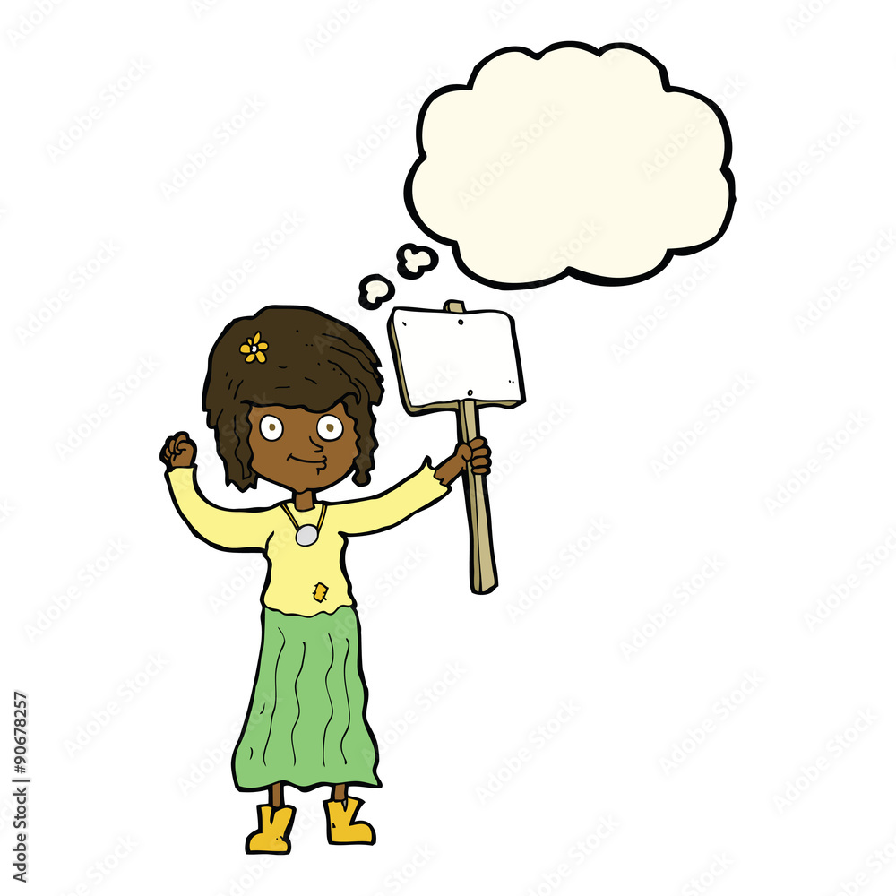 cartoon hippie girl with protest sign with thought bubble cartoon hippie girl with protest sign with thought bubble