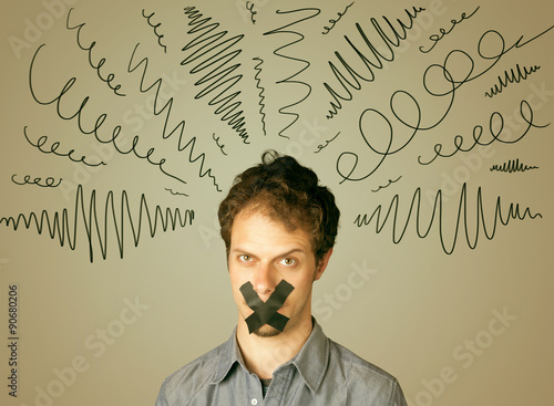 Young man with glued mouth and curly lines