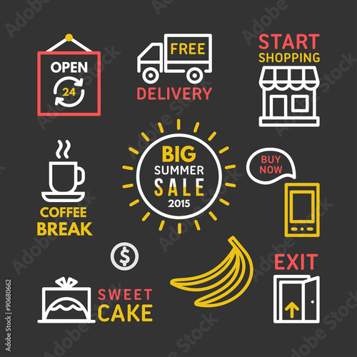 Set of Line Art Vector Illustrations. Big Summer Sale. Business and Shopping Icons