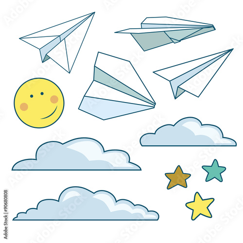 Vector set with isolated paper planes, stars, moon, clouds