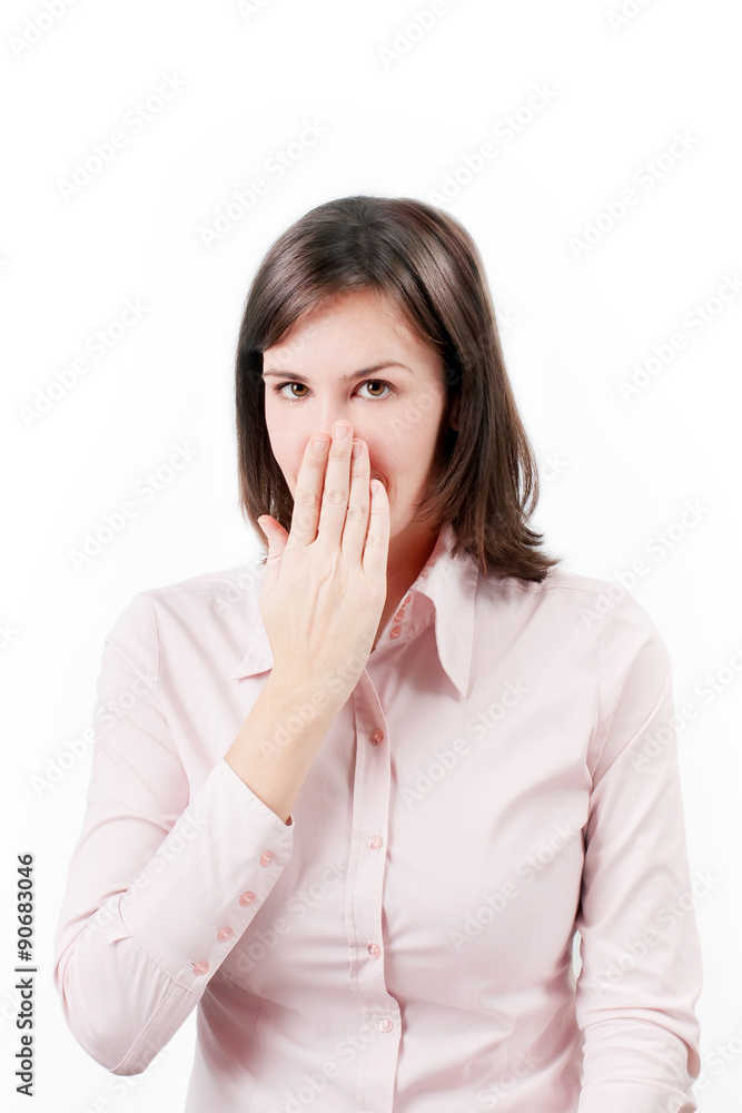 Young business woman covering with hand her mouth. Young business woman covering with hand her mouth.