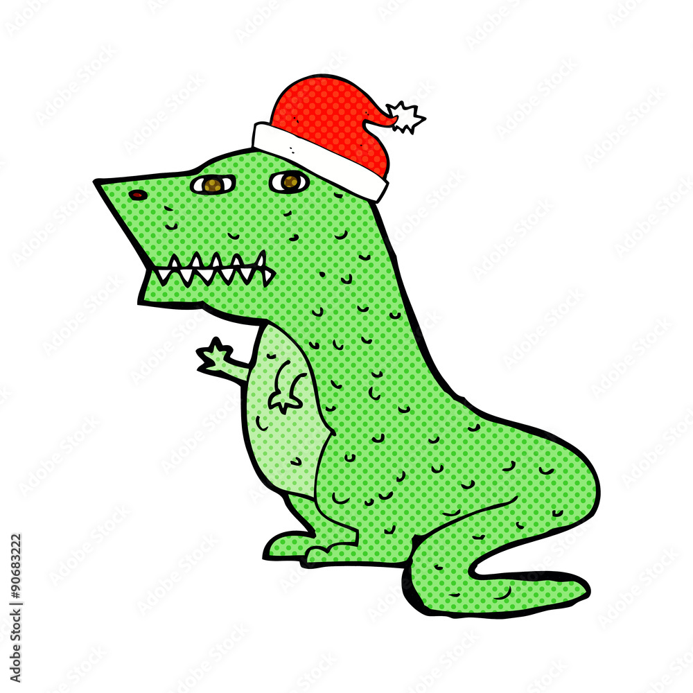Obraz premium cartoon dinosaur in christmas hat
