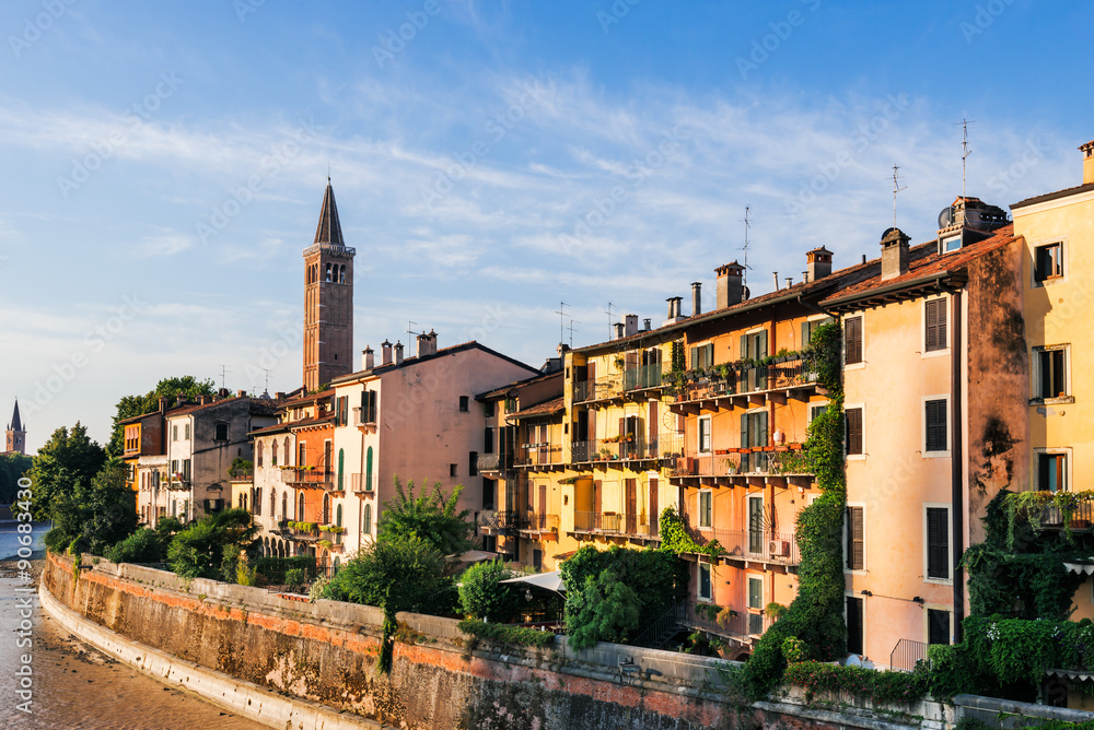 colorful facades of old houses on the Adige River,historic centre of Verona, Italy