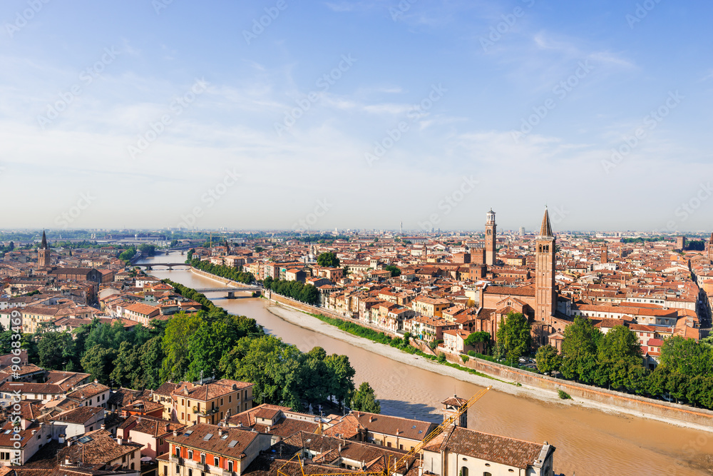 Panoramic view of Verona,  the Santa Anastasia Church and the Lamberti Tower, Italy.