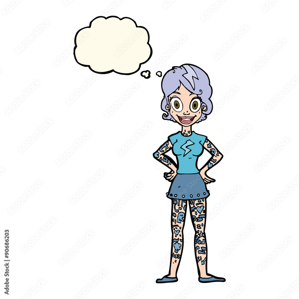 cartoon woman with heavy tattoos with thought bubble cartoon woman with heavy tattoos with thought bubble