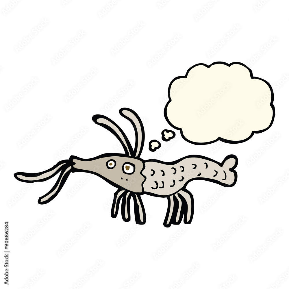 cartoon shrimp with thought bubble