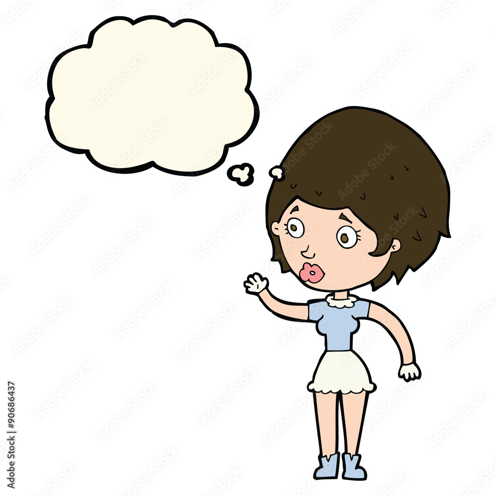 cartoon woman waving with thought bubble cartoon woman waving with thought bubble