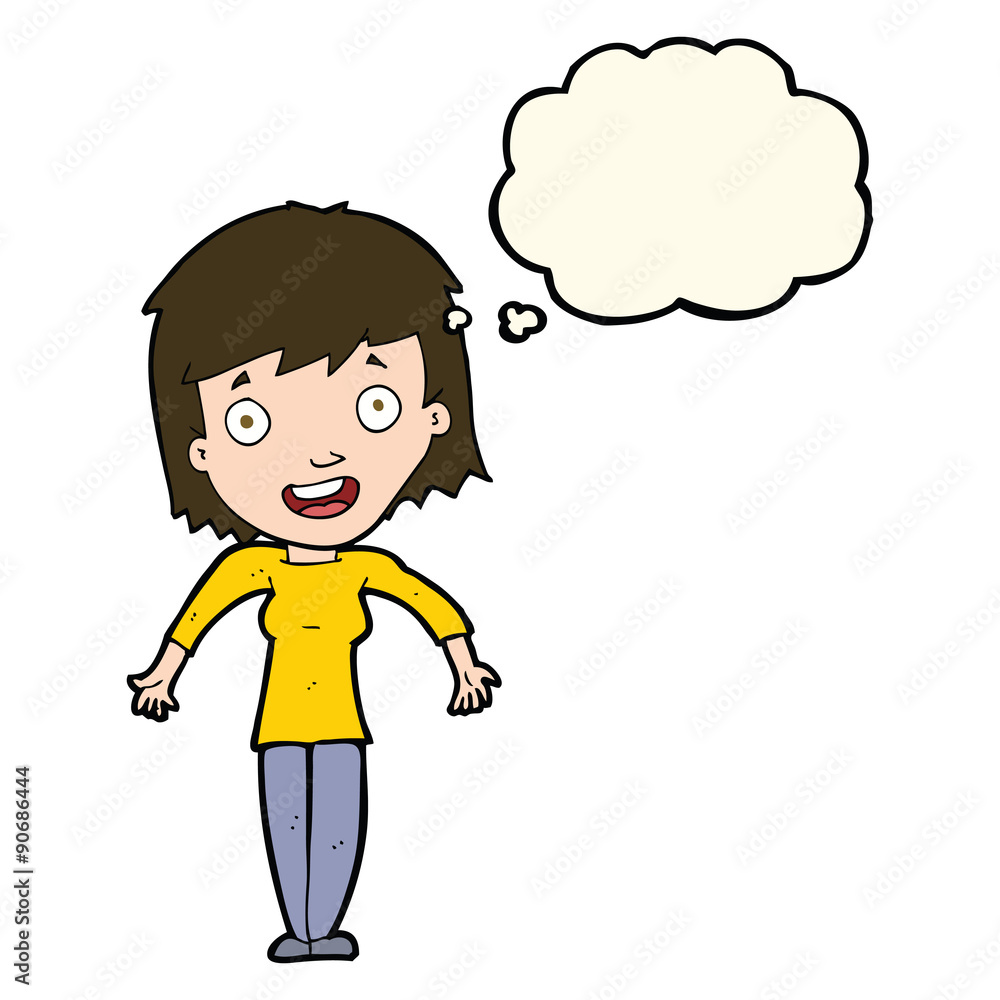 cartoon woman shrugging shoulders with thought bubble cartoon woman shrugging shoulders with thought bubble