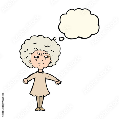 cartoon bitter old woman with thought bubble