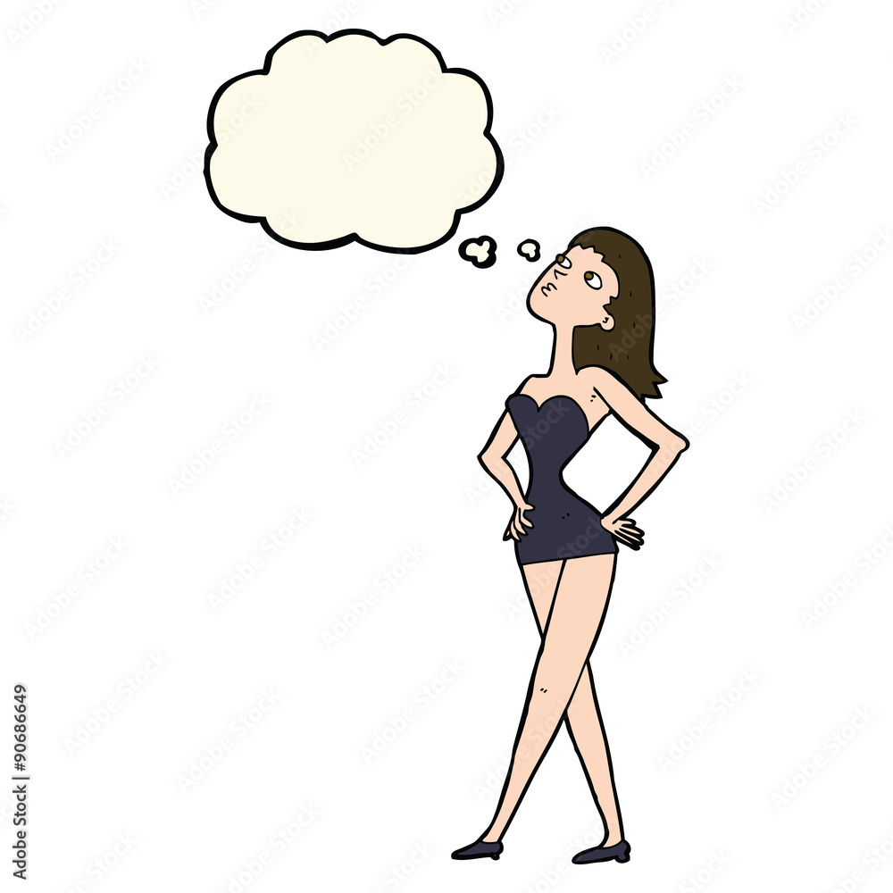 cartoon woman in party dress with thought bubble cartoon woman in party dress with thought bubble