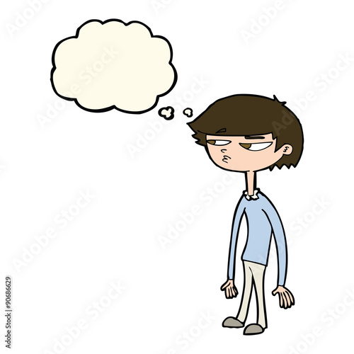 cartoon suspicious boy with thought bubble