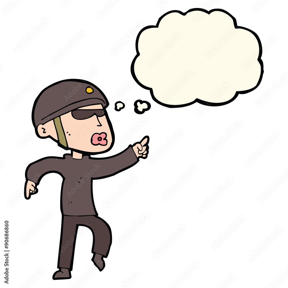 cartoon man in bike helmet pointing with thought bubble cartoon man in bike helmet pointing with thought bubble