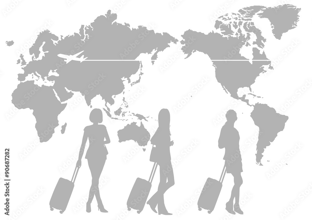 海外旅行のイメージイラスト 女性のシルエットと世界地図 日本中心 Stock Vector Adobe Stock