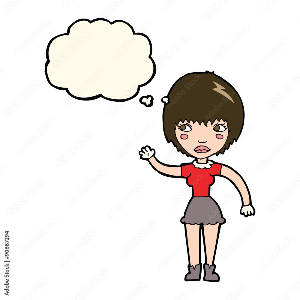 cartoon waving woman with thought bubble cartoon waving woman with thought bubble