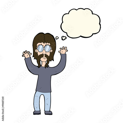 cartoon hippie man waving arms with thought bubble