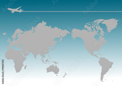 飛行機と世界地図（日本中心）のイラスト