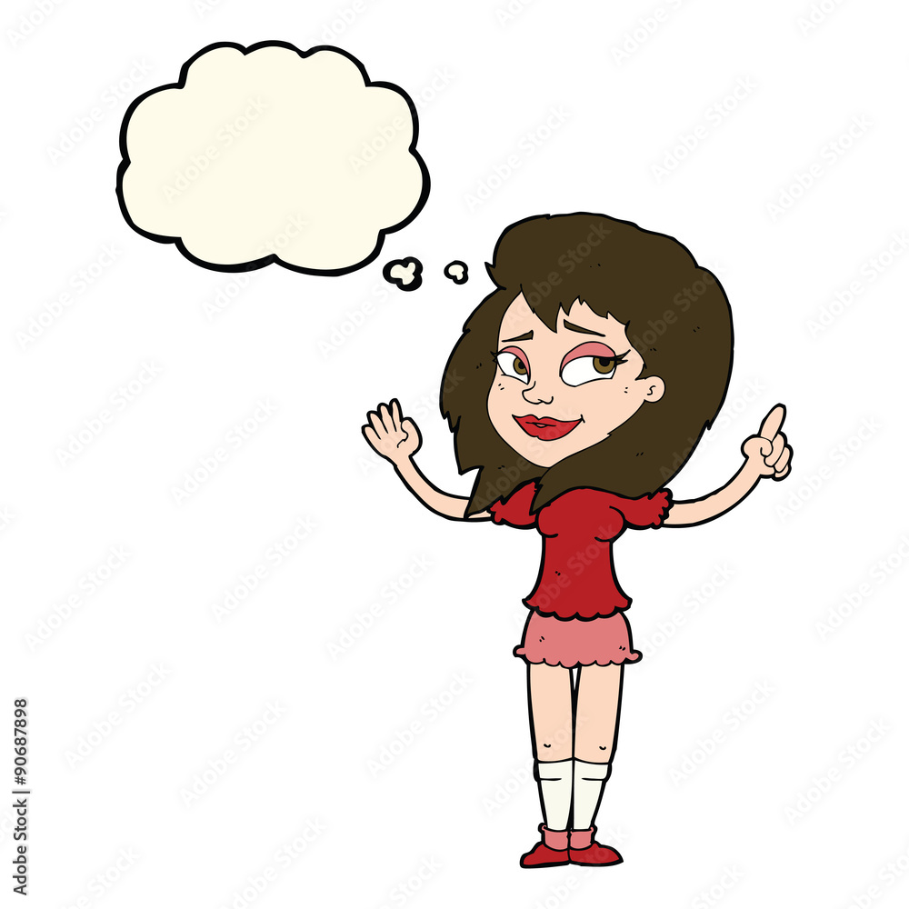 cartoon woman with idea with thought bubble cartoon woman with idea with thought bubble