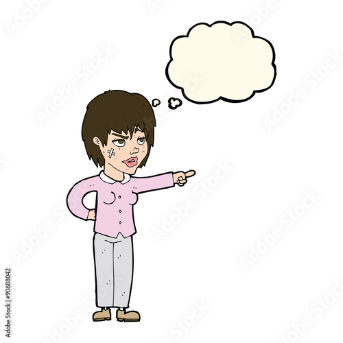 cartoon woman pointing with thought bubble