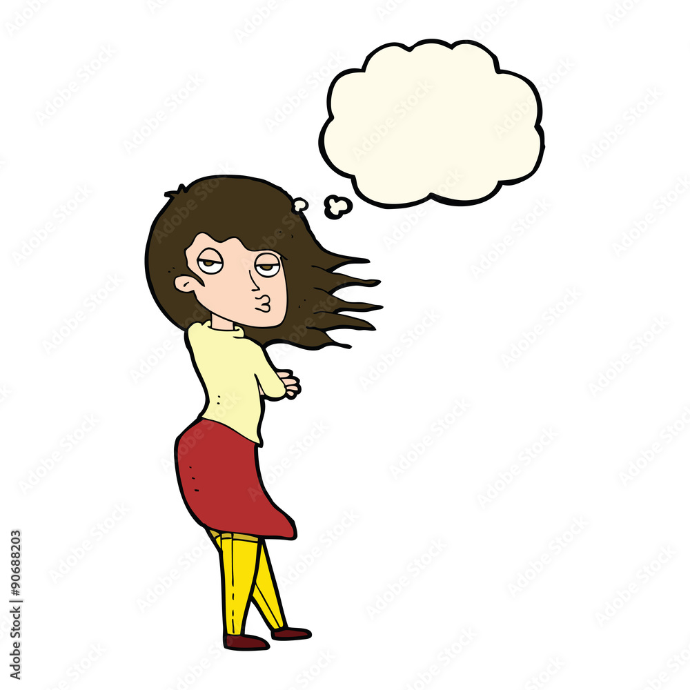 cartoon woman making photo face with thought bubble cartoon woman making photo face with thought bubble