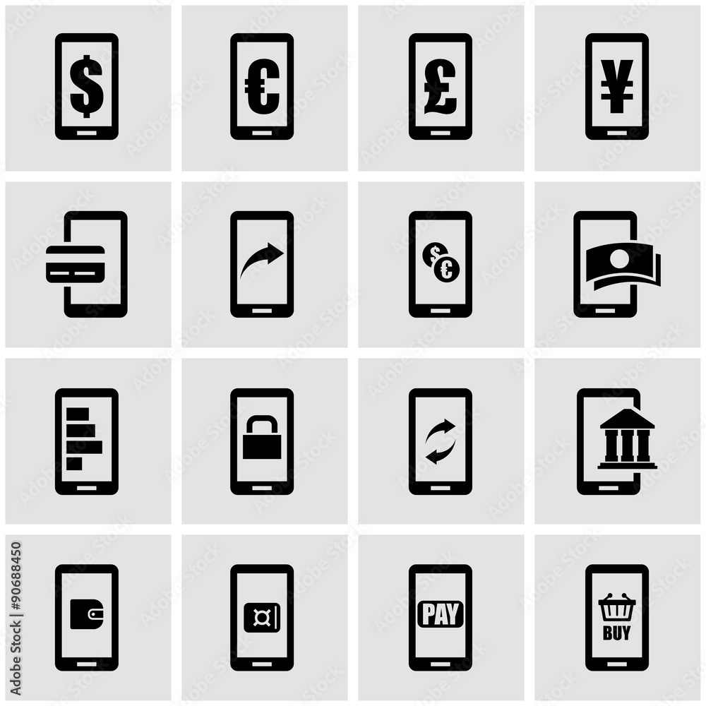 Vector black mobile banking icon set Vector black mobile banking icon set