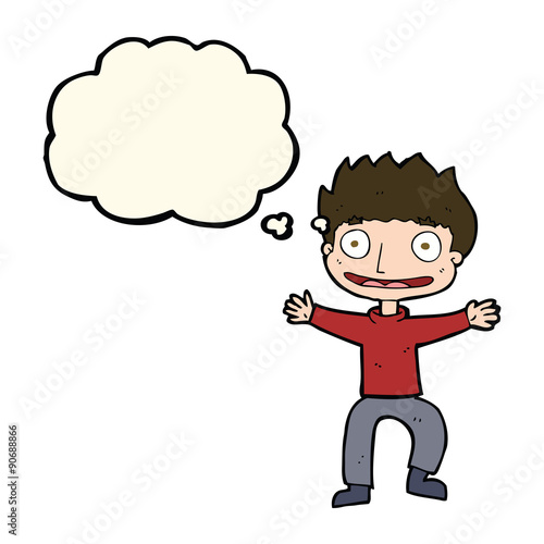 cartoon grinning boy with thought bubble