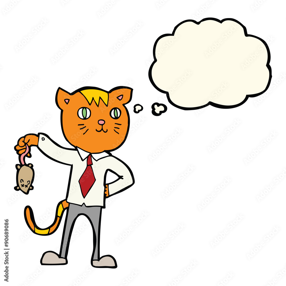 cartoon business cat with dead mouse with thought bubble cartoon business cat with dead mouse with thought bubble