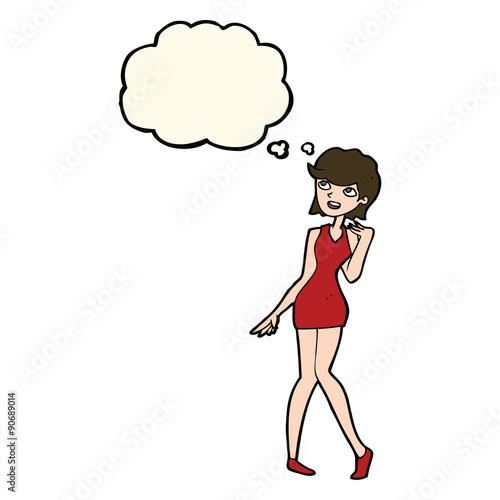 cartoon woman in cocktail dress with thought bubble