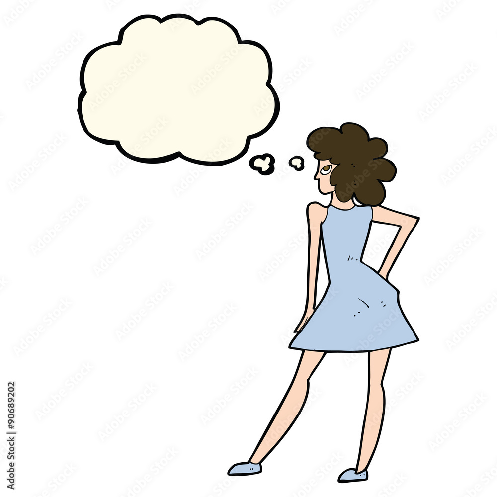 cartoon woman posing in dress with thought bubble cartoon woman posing in dress with thought bubble