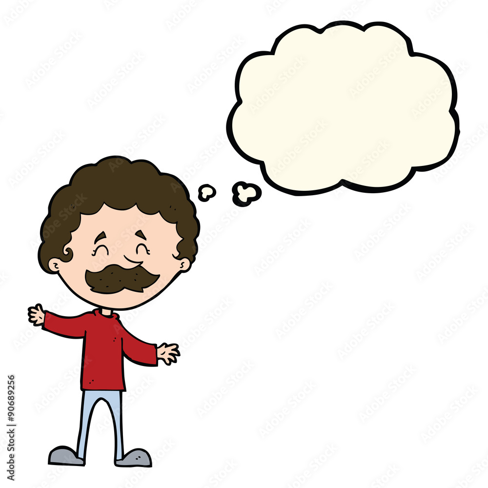 cartoon happy man with mustache with thought bubble